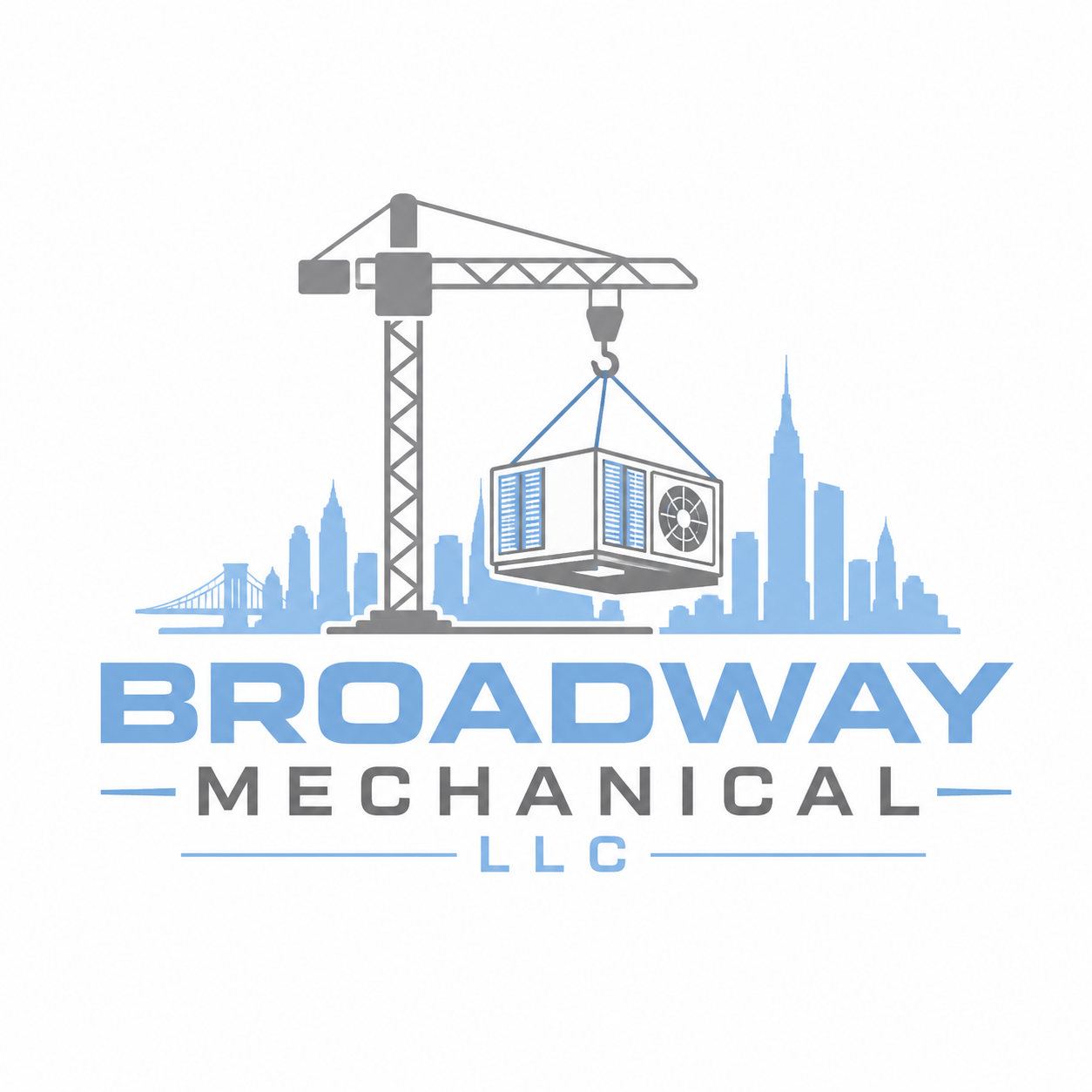 Broadway Mechanical LLC logo with tower crane and city skyline