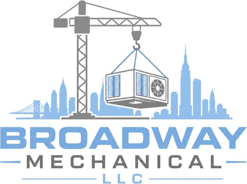 Broadway Mechanical LLC logo with tower crane and city skyline